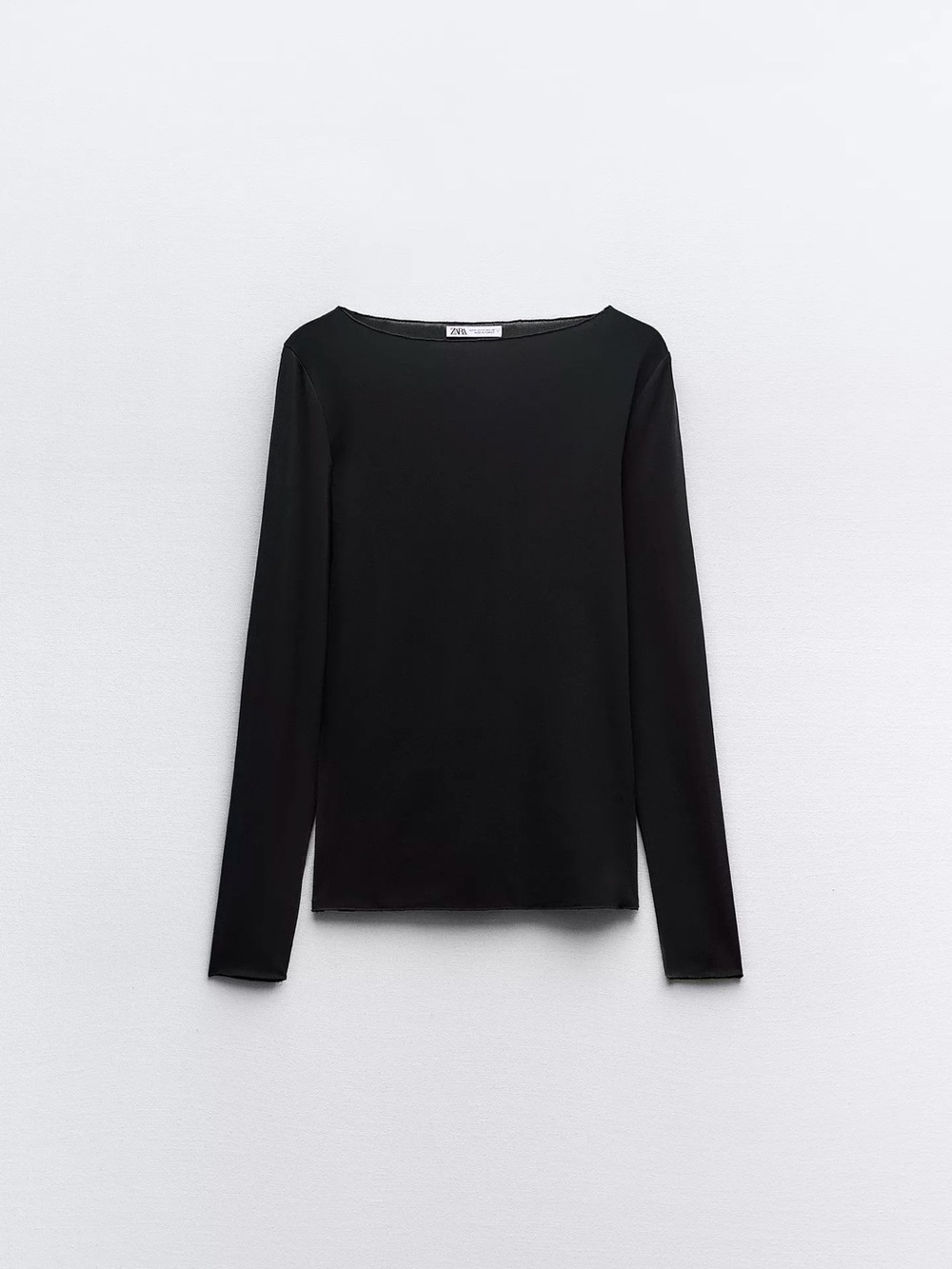 Black Sheer Long-Sleeve Boatneck Top